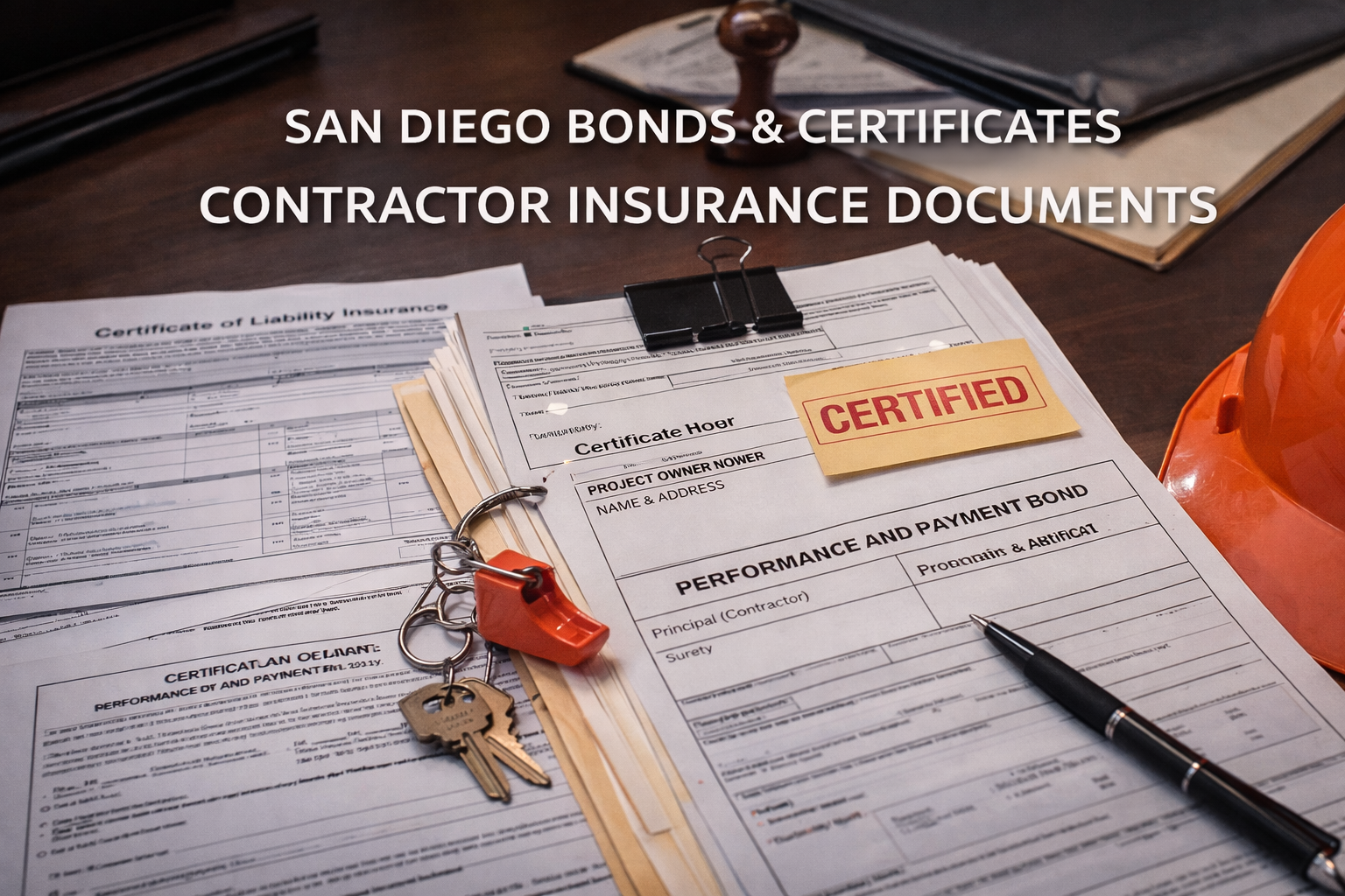 Insurance certificates and bond documents for a San Diego contractor account