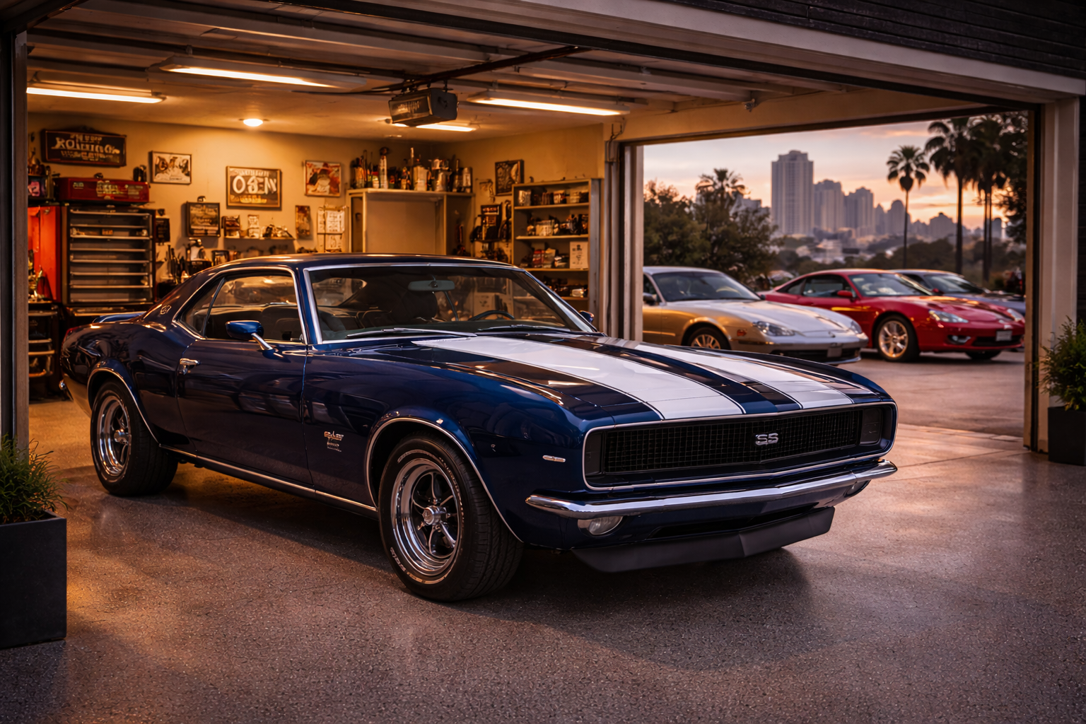 Classic collector car in a San Diego garage for specialty auto insurance